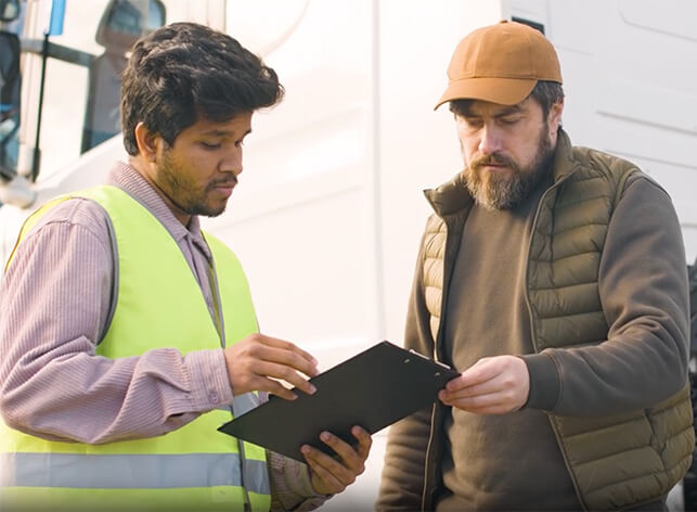 Lumberyard employee reviewing a building materials order with a contractor.